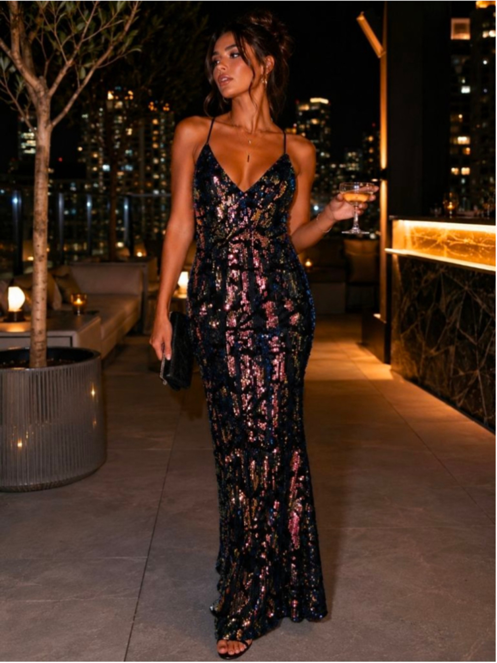 Maniju Black Iridescent Sequin Maxi Dress Mermaid Pageant Gala Formal Gown L